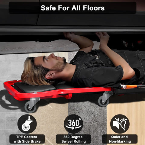 Six-pack 2-inch heavy-duty creeper caster wheels with 360° swivels, red frame.