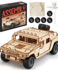 Off Road 3D Wooden Puzzle Car Kit For Adults, Easy To Build SUV Model With 65 Pre Cut Pieces, DIY Wood Toy For Builders, Realistic Detail And Fun Challenge. Wooden SUV model kit with box, cut pieces, wheels, and axles