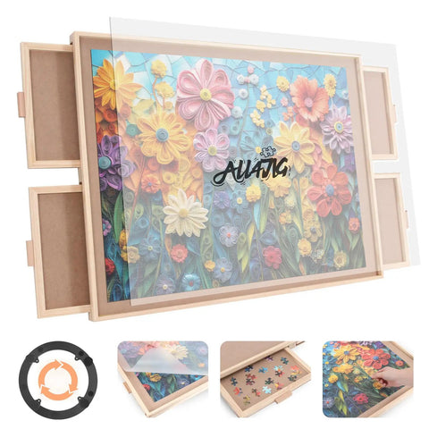 Dope Rotating Puzzle Board With Four Drawers And Cover 1500 Piece Portable Wooden Jigsaw Puzzle Table displaying floral image