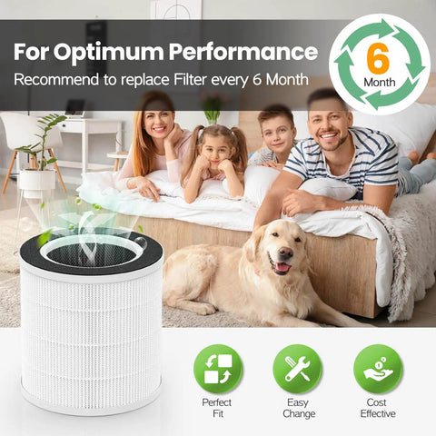 Family relaxing with dog next to 3 Stage HEPA And Activated Carbon Replacement Filter For VK6067B Air Purifier, large room use.