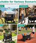 Beast Mode Folding Wagon Cart With Canopy 445L Total Space And 440Lbs Capacity shown in garden, camping, shopping, and sports scenarios.