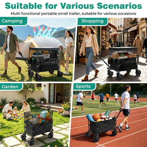 Beast Mode Folding Wagon Cart With Canopy 445L Total Space And 440Lbs Capacity shown in garden, camping, shopping, and sports scenarios.