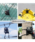 Fence Mount For GoPro Hero Series And Action Cameras On Chain Link Backstops For Baseball Softball Tennis And Paddle Boards With Dual High Density Retractable Ropes Four Rope Buckles And A Strong Durable Grip, showing multiple uses on fence, kayak, and tree.