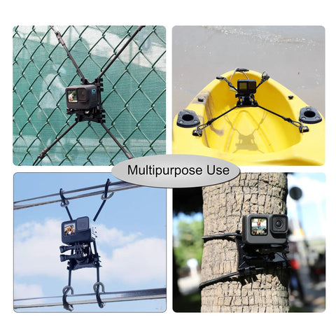 Fence Mount For GoPro Hero Series And Action Cameras On Chain Link Backstops For Baseball Softball Tennis And Paddle Boards With Dual High Density Retractable Ropes Four Rope Buckles And A Strong Durable Grip, showing multiple uses on fence, kayak, and tree.