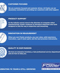 Graphic with Fowler's customer focus, product support, innovation in measurement, and quality passion statements.
