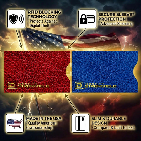 Red and blue Slim RFID Blocking Card Sleeve Protectors For Credit Cards Debit Cards And ID Protection USA Made Leather Look