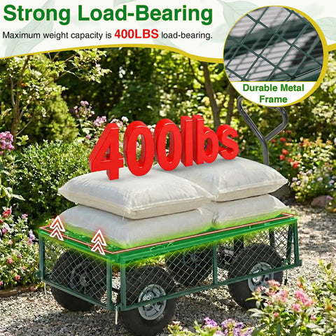 Heavy Duty 500 Lb Capacity Mesh Steel Garden Cart Folding Utility Wagon With Removable Sides loaded with bags
