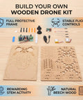 Beginner Friendly DIY Wooden Drone Kit With Full Protective Frame components laid out on wooden table