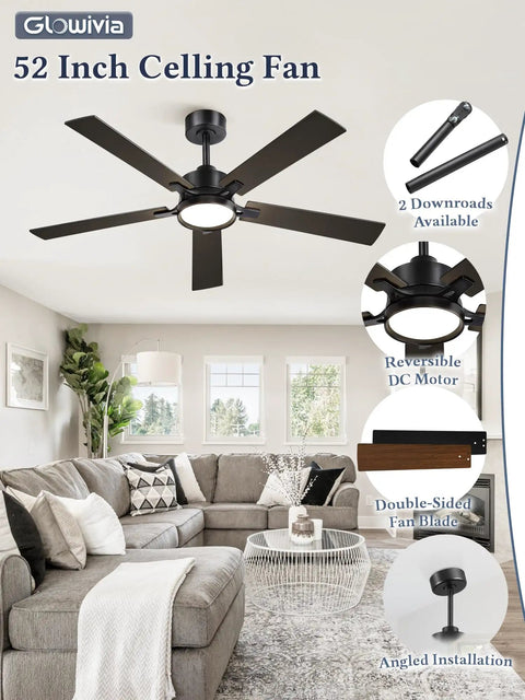 52 inch ceiling fan with lights and remote smart app control dimmable with all setting memory quiet DC motor reversible blades
