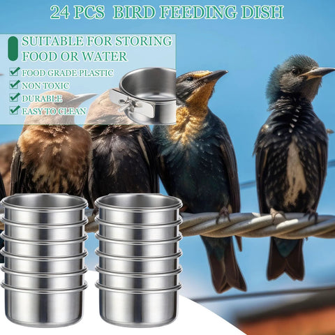 Stainless steel bird cage feeding bowls 24-pack with clamps ideal for parakeet, parrot, and budgie cages ensuring clean and easy feedings.