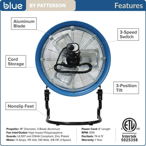 Powerful 18-Inch High-Velocity Heavy-Duty Industrial-Grade Floor Fan with 3 Speeds and 3-Position Tilt for Reliable Cooling in Homes and Businesses, Featuring Quiet Operation, Easy Portability, and Top-Notch Durability for Everyday Use. Visible are its aluminum blades and 3-speed switch.