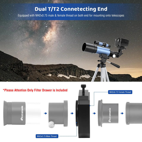 Diagram of Double Magnetic Telescope Filter Drawer For Astrophotography With M42x0.75 T T2 Thread On Both Ends And 1.25 To 2 Inch Filter Mounts.
