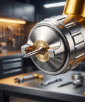 Close-up of the nozzle on the Smooth Operator Gold Toned Pneumatic Hvlp Paint Spray Gun With 1.3Mm And 1.8Mm Stainless Steel Nozzles And 600Ml Cup For Auto Bodywork And DIY Furniture Finish Work.