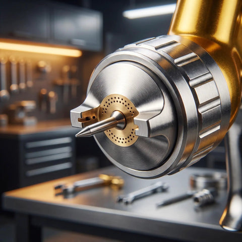 Close-up of the nozzle on the Smooth Operator Gold Toned Pneumatic Hvlp Paint Spray Gun With 1.3Mm And 1.8Mm Stainless Steel Nozzles And 600Ml Cup For Auto Bodywork And DIY Furniture Finish Work.