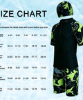 Boys Swim Set With UPF50 Long Sleeve Zip Rash Guard And Quick Dry Trunks 4 Way Stretch Beachwear For Swim Lessons Water Park And Beach Ages 4 To 12 Black size chart with black and green swim set on side.