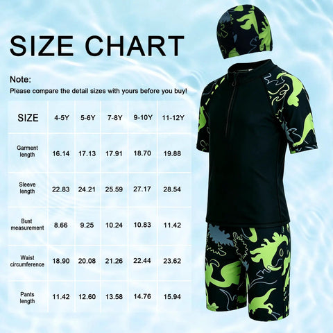 Boys Swim Set With UPF50 Long Sleeve Zip Rash Guard And Quick Dry Trunks 4 Way Stretch Beachwear For Swim Lessons Water Park And Beach Ages 4 To 12 Black size chart with black and green swim set on side.