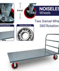 Badass Heavy Duty Flatbed Platform Cart Designed To Crush Retail Loads Featuring A Solid Seventy Two By Thirty Six Inch Deck And Two Thousand Four Hundred Pound Capacity Paired With Eight Swivel Locking Wheels For Smooth Daily Hauling, 8 inch noise free wheels.