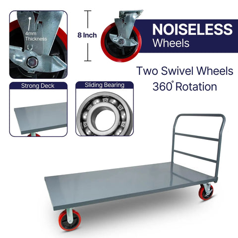 Badass Heavy Duty Flatbed Platform Cart Designed To Crush Retail Loads Featuring A Solid Seventy Two By Thirty Six Inch Deck And Two Thousand Four Hundred Pound Capacity Paired With Eight Swivel Locking Wheels For Smooth Daily Hauling, 8 inch noise free wheels.