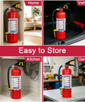 5 Lb ABC Dry Chemical Fire Extinguisher With Quick Release Handle Rated 2A 10B C stored in home, vehicle, kitchen, and garage.