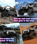 One Twelfth Scale Brushless 4X4 RC Rock Crawler With Metal Cased Body, waterproof, shown crossing diverse terrains and obstacles.