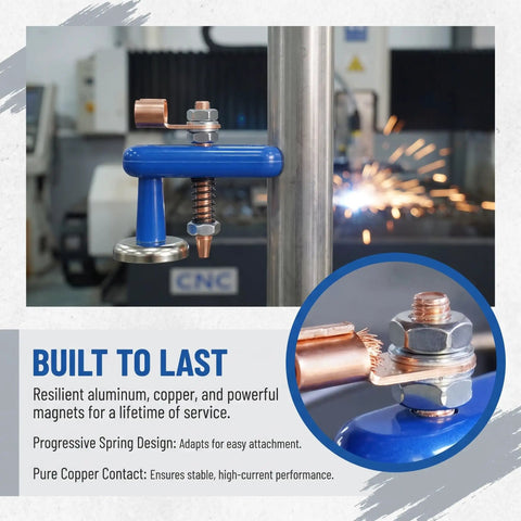 Heavy Duty Super Magnetic Welding Support Clip With Strong Suction Adjustable Magnet Clamp For Copper Tail Ground Connectors And Pro Welders Using Durable Gear shown attached to a metal pipe.