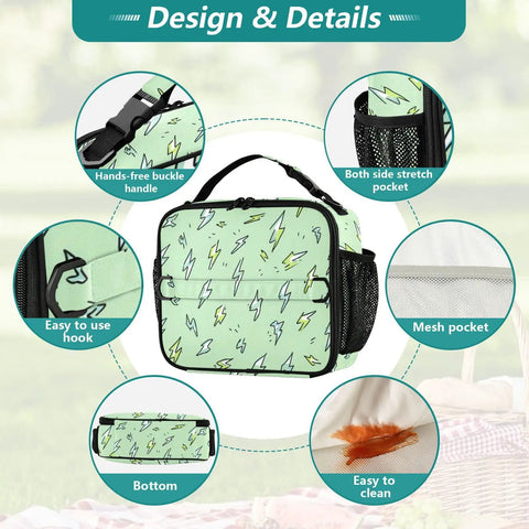 Lightning Bolt Green Insulated Lunch Bag With Shoulder Straps For Kids And Adults Office School And Travel Dope Portable Cooler That Keeps Your Eats Fresh Big Main Compartment Two Side Pockets Durable Easy To Clean, front view