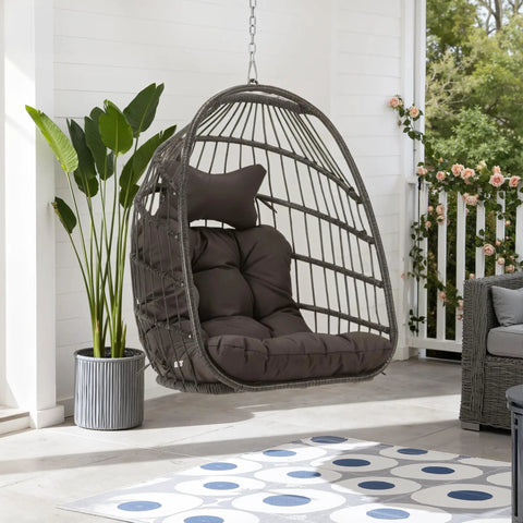 Outdoor Egg Chair Without Stand With Cushion Cozy For Patio Balcony Garden Hang From Ceiling Or Tree Mount Foldable Durable Rattan Wicker Hammock Chair 350 Lbs Capacity Dark Gray Lounge For Reading And Relaxation