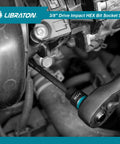 Heavy Duty 3/8 Inch Drive Long Impact Hex Bit Socket Set Built Like A Tank With S2 Steel Insert And CRV Body Featuring Manganese Coating For Zero Slack And Daily Shop Hustle in use with a ratchet