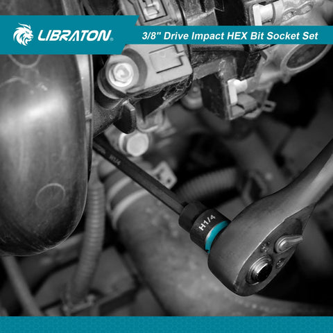 Heavy Duty 3/8 Inch Drive Long Impact Hex Bit Socket Set Built Like A Tank With S2 Steel Insert And CRV Body Featuring Manganese Coating For Zero Slack And Daily Shop Hustle in use with a ratchet