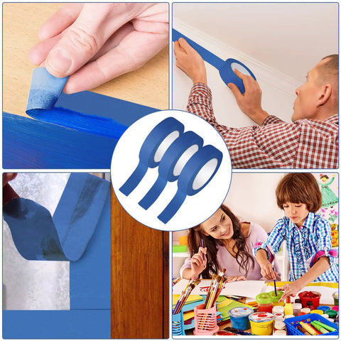 Blue Painter Tape Bulk Pack 20 Rolls 1 Inch By 55 Yards Masking Tape in use for wall painting and crafts, ensuring clean lines.