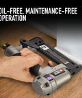23 Gauge Pin Nailer 1-3-8in for Trim and Finish Work, refurbished and ready to roll in use against wooden trim