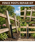 Top Shelf Fence Post Repair Kit Featuring 33 Inch 11 Gauge Thickened Steel Stakes Fast Fix For Leaning Wood Posts And Rails Heavy Duty One Piece Anchor Support 4 Pack installed next to a wooden fence.