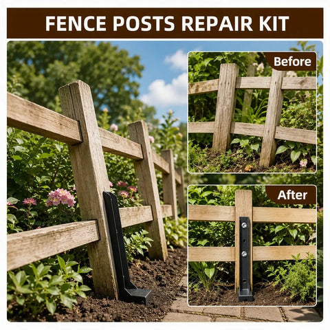 Top Shelf Fence Post Repair Kit Featuring 33 Inch 11 Gauge Thickened Steel Stakes Fast Fix For Leaning Wood Posts And Rails Heavy Duty One Piece Anchor Support 4 Pack installed next to a wooden fence.
