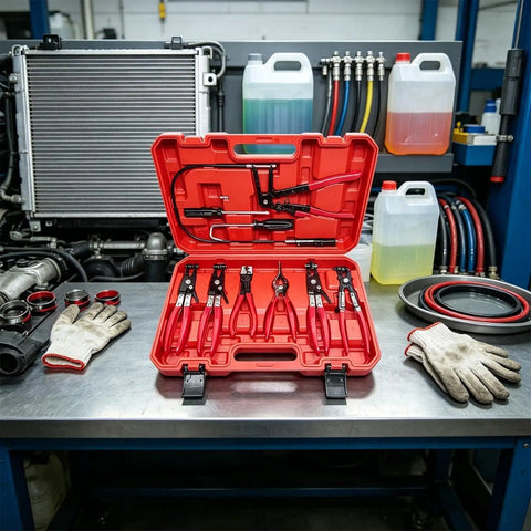 Rock Solid 9 Piece Hose Clamp Pliers Set With Flexible Shaft For Fast Repair And Damage Free Removal On Spring And Worm Gear Clamps Without Slipping In Tight Spots, red case open