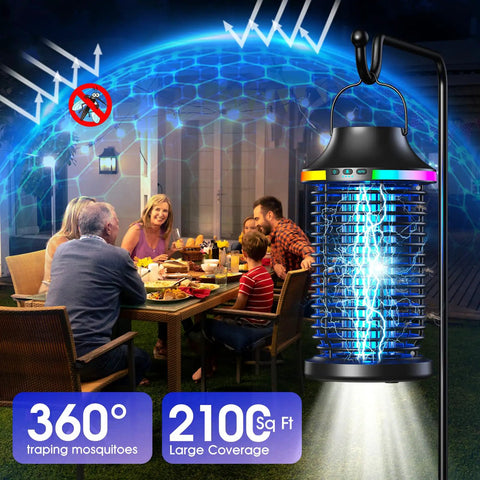 Cordless Outdoor Bug Zapper 2026 Upgraded Elite 4200V Electric Mosquito Zapper in use on patio with people dining nearby