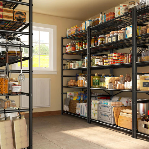 Heavy Duty 5 Tier Metal Shelving Rack With 1000Lbs Capacity 72In High 36In Wide 12In Deep 4 Side Hooks Black in pantry storage room