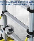 Heavy Duty Aluminum Scaffold Tower Ready To Roll Work Platform Adjustable Utility Scaffolding With Hatch Deck And Guard Rail 500 Pounds Capacity close-up view of anti-slip tread pattern on steps.