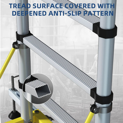 Heavy Duty Aluminum Scaffold Tower Ready To Roll Work Platform Adjustable Utility Scaffolding With Hatch Deck And Guard Rail 500 Pounds Capacity close-up view of anti-slip tread pattern on steps.