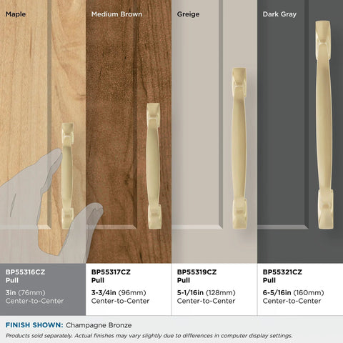 Champagne Bronze Cabinet Pull Highland Ridge 3 Inch Center To Center 4 5 16 Inches Overall Length shown on wood finishes
