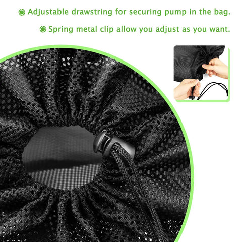 Close-up of Upgrade 24 By 26 Inch Pump Barrier Bag showing adjustable drawstring and spring clip for pond filter box.