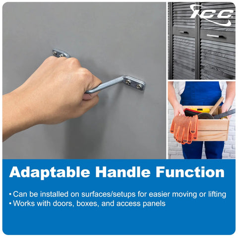 Hand gripping adaptable handle on gray wall with toolbox and wooden panel background, demonstrating installation options.