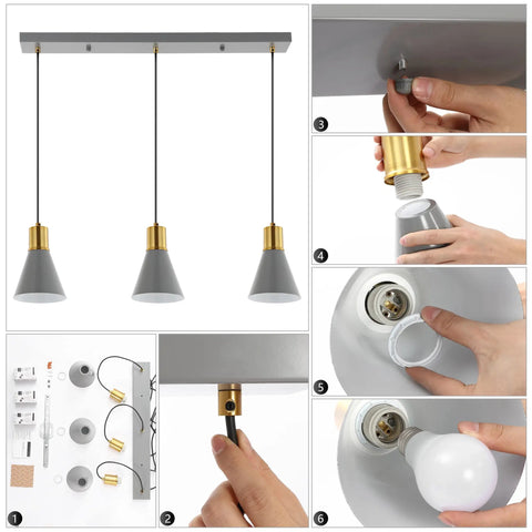 Apollo Style 33.5 Inch Gray And Brass Gold Mid Century Modern Iron LED Pendant With Black Metal Shade Adjustable Hanging Ceiling Light for Kitchen Island and Hallway, showing installation steps and components.