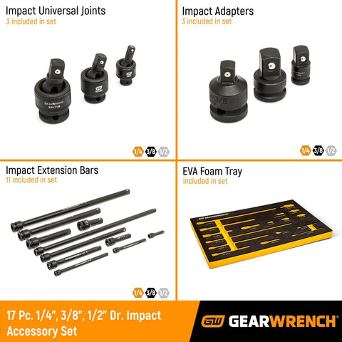 Seventeen Piece Impact Drive Tool Accessories Set For One Quarter Inch Three Eighths Inch And One Half Inch Drives With EVA Foam Tray