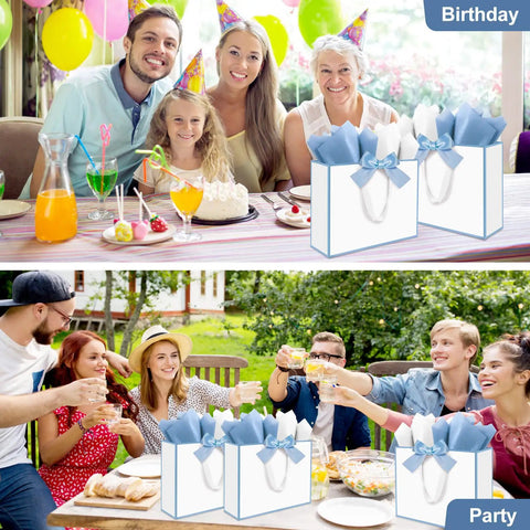 Three Pack Large Gift Bags With Handles No Fuss Gifting Ready 12.6 By 10 By 4 Inch Set Includes Tissue Paper Cards And Satin Ribbons For Birthday Table