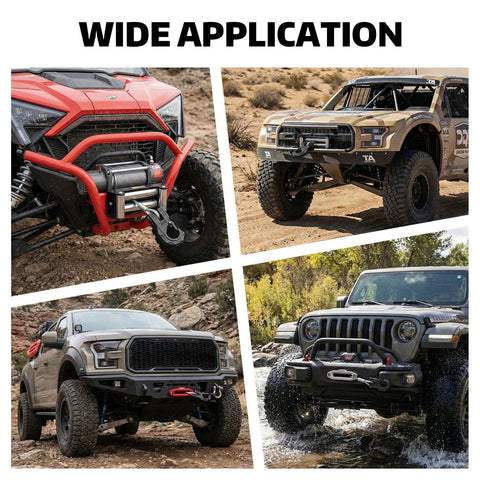 Wide application of Three Eighths Inch Winch Hook Heavy Duty Forged Steel With Safety Latch on various off-road vehicles.