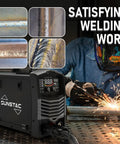 Sunstac 180A MIG Welder With Synergic LCD Control and Dual Voltage Power Up to 220V, showcasing welding samples and action.