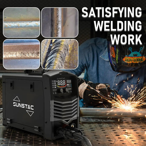 Sunstac 180A MIG Welder With Synergic LCD Control and Dual Voltage Power Up to 220V, showcasing welding samples and action.