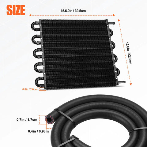10 Pass Aluminum Transmission Oil Cooler Kit with 5 Sixteenth Inch Universal 10 Rows Tube and Fin Design, Black Finish