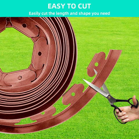 Close-up of Durable Flexible 4 Inch Landscape Edging Coil Kit With 30 Spikes For Lawn Borders And Flower Beds 33 Feet being cut.