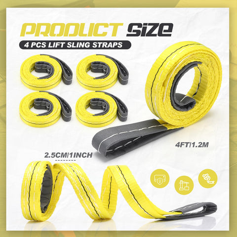 Beefy 4 Pack Lift Sling Straps 1 inch wide by 4 feet long heavy duty web slings made from polyester nylon for hoist cars and outdoor use